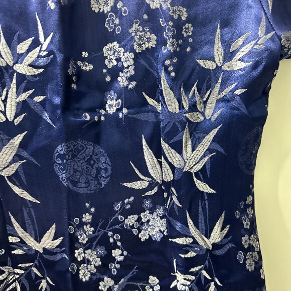 Blue Cheongsam Dress Silver Floral and Bamboo Brocade Pattern Large Women's - Picture 3 of 7